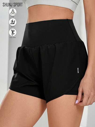 女士反光圆点运动短裤，二合一设计不透明防擦伤腰带，户外健身瑜伽休闲裤，宽松瑜伽裤，速干健身短裤，夏季黑色休闲短裤