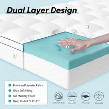 Queen Size Memory Foam Mattress Topper: Dual Layer 4 Inch Mattress Pad, 2 Inch Gel Memory Foam + 2 Inch Pillow Top Cover With 8 - 21 Inch Deep Pocket