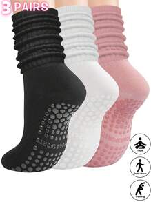 3 Pairs Women's Multicolor Crew Yoga Socks, Suitable For Pilates, Yoga, Ballet, Athletics, Hospital Non-Slip Socks, Ideal Valentine's Day Gift, Soft & Comfortable Grip Socks For All Seasons