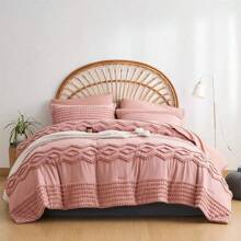 7 Piece Blush Pink Tufted King Size Comforter Set - Shabby Chic Boho, With Comforter And Sheet Set, All Season Soft Microfiber Bed In A Bag