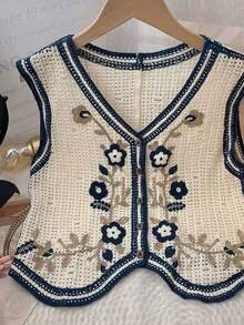 Women's Fashionable Retro Embroidered Knit Beach Cardigan - Beige - View 2