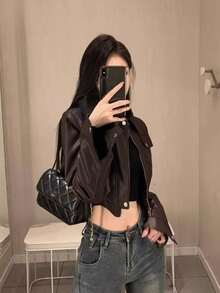 新款女士 PU 皮夹克，轻便时尚春秋季西装外套 - 咖啡棕 - 查看 3