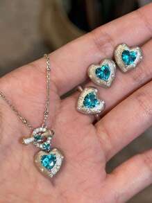 3pcs Set (Can Be Sold Separately) Luxury Vintage Elegant Paraiba Tourmaline Style Heart Shaped Ring, Necklace, Earrings With Zirconia Stone, Women Jewelry Suit, Suitable For Daily, Wedding, Party, Gift