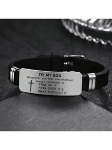 送给我儿子的励志圣经经文手镯、送给我儿子的祈祷手链、男士不锈钢手链、宗教基督教珠宝、圣诞礼物、毕业礼物