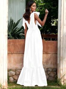 Vestido Largo de Primavera/Verano con Hombros Descubiertos y Cordón Ajustable con Escote en V o Pico Profundo y Volante Bajo Casual para Mujer - Blanco - Ver 2