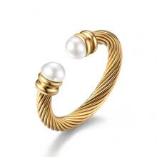1 Stück luxuriöser retro asymmetrischer Tigeraugen-Perlen Edelstahl 18 Karat Goldring, einzigartiger personalisierter hochwertiger spiralförmig verstellbarer Naturperlenring zum täglichen Tragen für Frauen