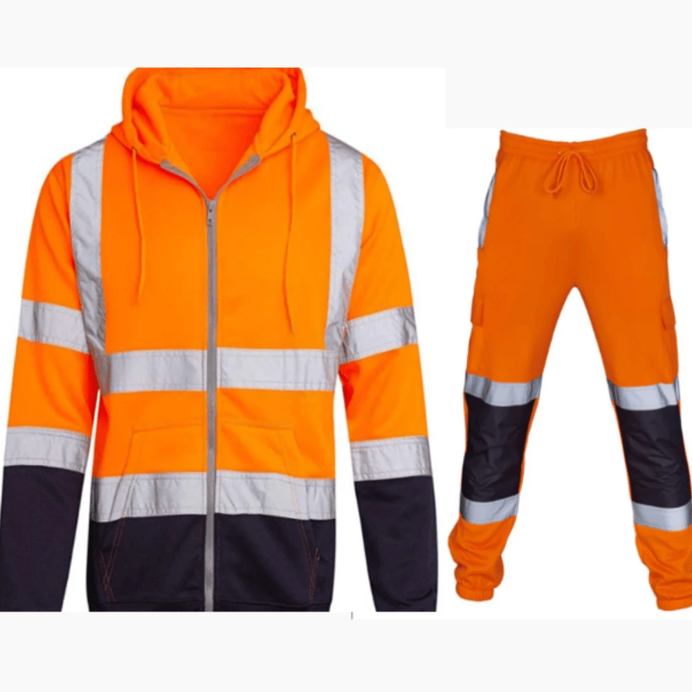 Men's Hooded Sweatshirt Suit With Reflective Strips, Sanitation Work Clothes, Fleece, Color-Blocked Zipper, Labor Insurance Suit, Winter Clothing
