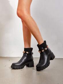 Women's Elastic Chelsea Ankle Booties Fashion Lug Sole Platform Chunky Heel Slip On Fall Heeled Short Boots Shoes - Black - View 2