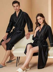 1 Stück personalisierter Herren Satin Bademantel, lange Satin Bademäntel, seidiger Morgenmantel, Damen Satin Bademantel mit Streifenmuster, 3/4 Ärmel, Schalkragen, Hausmantel, SPA Midi Bademantel, weich und bequem, knielang, Herbstdekoration, Nachtwäsche, Hochzeit, Hochzeitsaccessoires, Brautjungferngeschenke, Strandutensilien, Rückkehr zur Schule, Handtücher für Schönheitssalons, Hotels, Sport, Haushaltswaren, Handtücher, Hautpflege