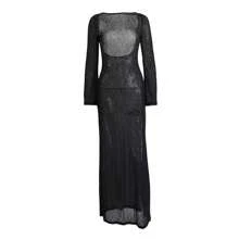 Women Crochet Knitted Long Sleeve Maxi Dress Sheer See Through Backless Swimsuit Bikini Cover Up Beach Swimwear Party Dress