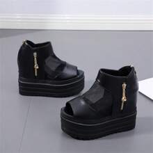 Women's Platform Mesh Sandals, New 2025 Summer Peep-Toe Wedge Heel Comfortable Thick Bottom High Heel Shoes - Black - View 12