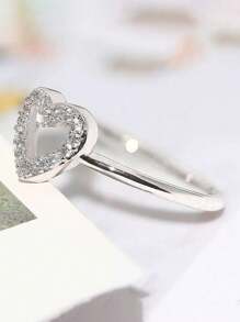925 Sterling Silver Heart Design Cubic Zirconia Ring, Simple & Fashionable High-Quality Jewelry Gift For Women, Lovers - Silver - View 3