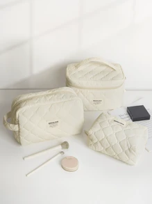 1Pc/Set Beige Quilting Makeup Bag With Soft Texture, Vintage Large Capacity Cosmetic Bag&Travel Organizer Handheld, Minimalism Cozy Foam Toiletry Big Set, Lightweight Fluffy Makeup Pouch, Home Decor, Delicate Gift For New Semester, Spring/Early Summer, Anniversary, Vacation, Trip, Back To School, Makeup Case, New Style In 2025.