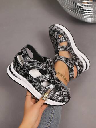 Women's Summer Wedge Platform Sports Sandals, Waterproof Roman Sandals With Open Toe, Hollow-Out Chunky Sole, Hook-And-Loop Closure, Slip-Resistant Bottom, Platform Casual Sandals, Round Toe Comfortable Black Leisure Walking Shoes, Women's Holiday Party Essential Casual Shoes, Wedge Breathable Sandals, Fashionable Platform Thick Bottom Solid Color Printed Sandals, Essential Thick Bottom Sandals For Women