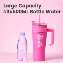 Miniso Barbie Series Giant Large Capacity Straw Steel Cup Stainless Steel Water Bottle Cartoon Cute Insulated Cup Portable Travel Coffee Mug Tumbler 1600ml/54oz - Pink - View 3
