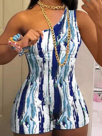 女士时尚扎染印花露肩紧身连衣裤春夏新款