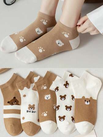5双装春秋季女士袜子夏季薄款小熊袜子可爱船袜