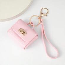 1pc Solid Color PU Leather Earphone Holder Bag With Heart Shaped Mirror Women's Makeup Keychains. Heart Shaped Mirror Decorated Headphone Holder Bag, Multicolor Women's Makeup Bag, Heart & Bag Charm Fashion Keychain Pendant - Pink - View 9