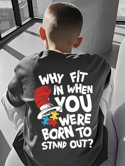 青少年男孩休闲图案印花圆领短袖T恤上衣，夏季