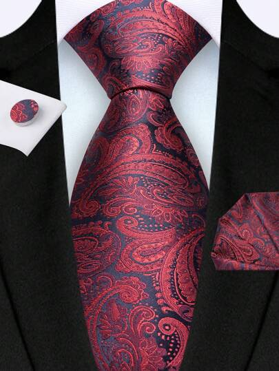 3pcs Men's 8cm Burgundy Paisley Necktie, Pocket Square & Cufflinks Set, High-Quality Classic Fashion Business Casual Tie Set, Suitable For Wedding, Christmas, Party Gifts
