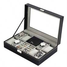1 pieza Caja exhibidora de 8 compartimientos para relojes y anillos con ventana transparente, almacenamiento de joyas