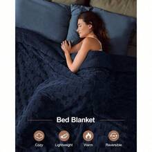 108"X90" Navy Blue King Size Super Soft Cozy Throw Blanket, Fluffy Sherpa Fleece Reversible, Thick Warm Fuzzy, 3D Checkered Jacquard Decorative, All-Season​ - 藏蓝色 - 查看 3