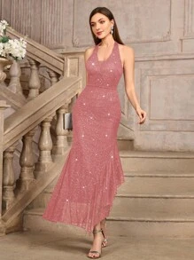 MIUSOL Sequin Floral Lace Halter Neck Backless Asymmetrical Ruffle Hem Evening Party Long Dress - Dusty Pink - View 6