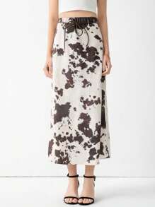 女装春季新品：动物图案印花通勤真丝缎质感竖款高腰半身裙 - 米色 - 查看 1