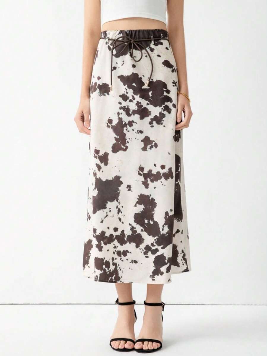 女装春季新品：动物图案印花通勤真丝缎质感竖款高腰半身裙 - 米色 - 查看 1