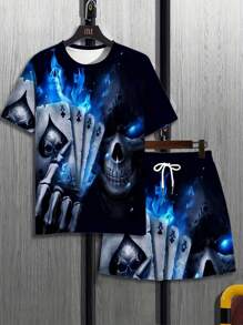 1 Set Plus Size Men's Fashion Printed Short Sleeve T-Shirt And Shorts Set, Casual Sporty Round Neck With Slight Stretch And All-Over Print