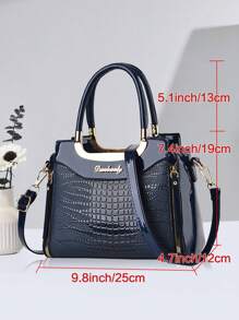 Solid Color Crocodile Embossed Square Handbag, Tote Bag, Classic Fashion Shoulder Bag, Ladies Textured Office Bag - Navy Blue - View 2