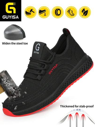 GUYISA Skyddsskor med stålhätta, klassisk sportig stil, andningsbara tunna låga skor, krosskyddande, punkteringssäkra, slitstarka, halkfria och mjuka underdelar för utomhusbruk (internationella storlekar varierar, denna modell är stor i storleken och har andningsbara, lätta ovandelar, vänligen beställ 1-2 storlekar mindre!)