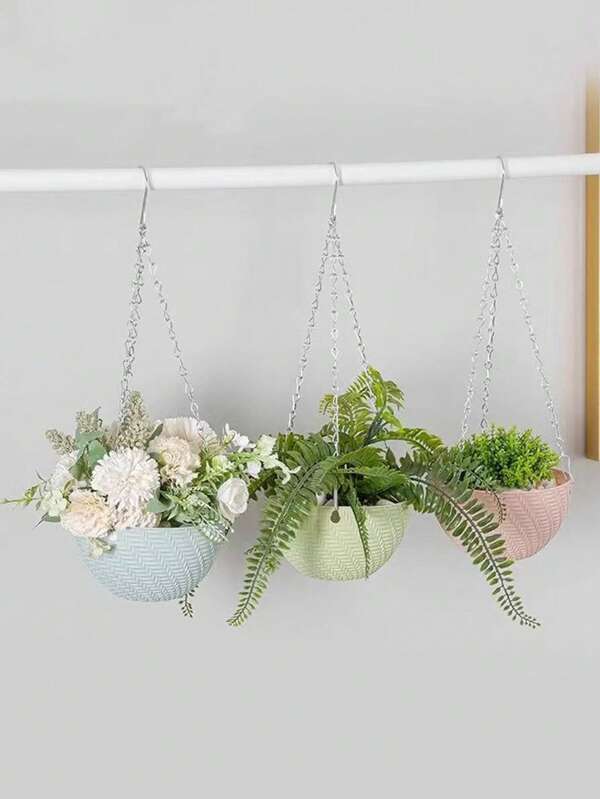 2 件悬挂式花盆、吊篮式花盆、人造花瓶、花园花盆容器、带排水和链条的插花支架，适用于室内/室外、花园装饰、礼物