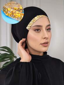 1pc Women Plain Color Rhinestone Decor Straight Cut Muslim Hijab, Elegant & Fashionable, Suitable For Daily Wear, Shopping, Praying - Solid Color Rhinestone Tube Hat - View 16