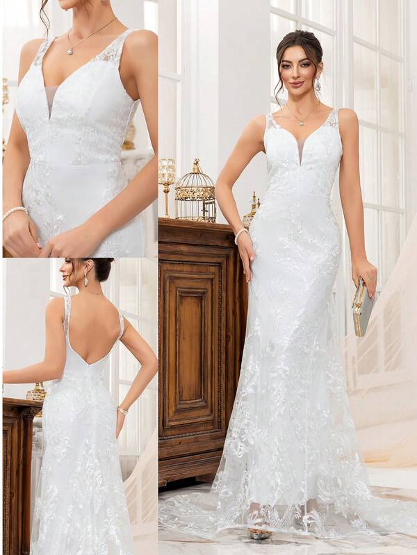 Women's Sleeveless Mermaid Style Long Bridal Gown With Sheer Net Detail, Wedding Dress,Bride