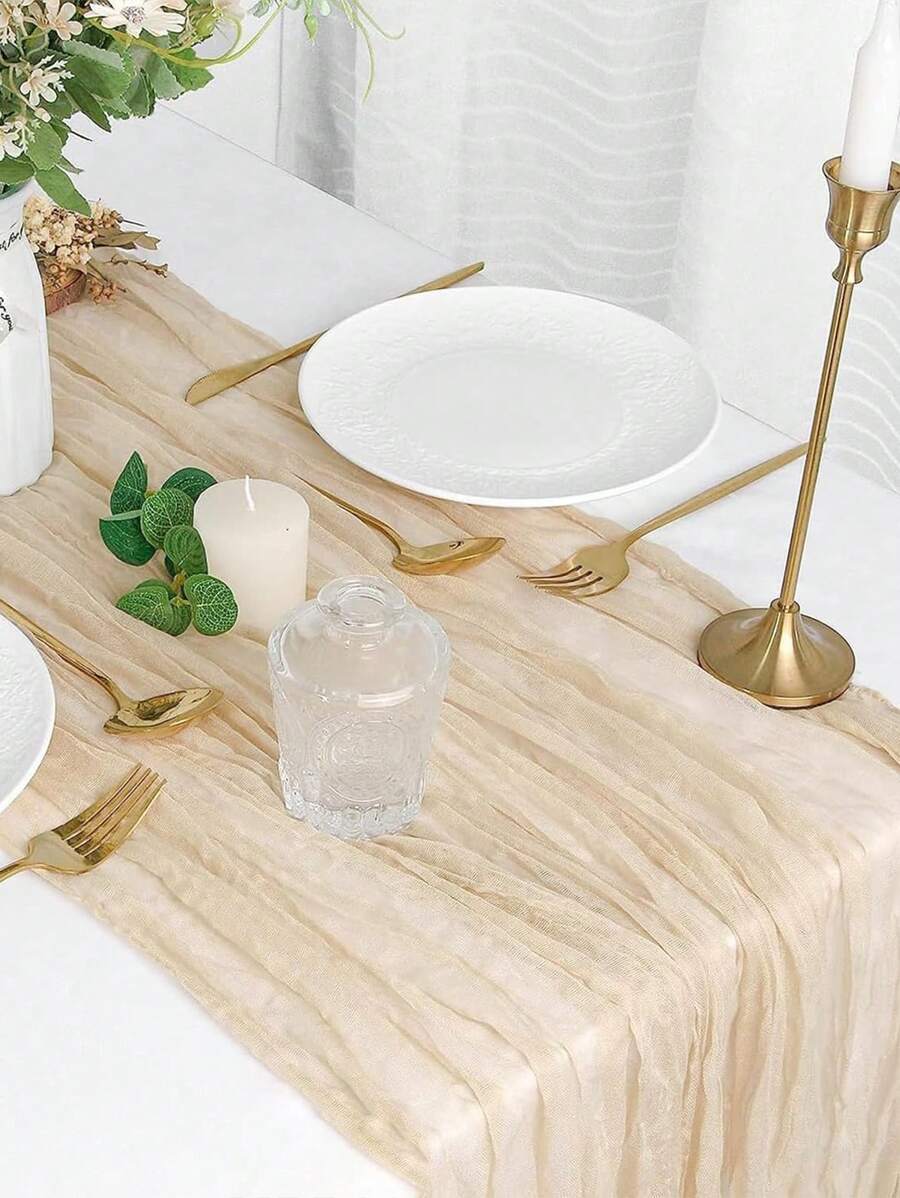 1pc Cheesecloth Table Runner Gauze Boho Rustic Cloth Table Runner For Baby Shower Decoration Wedding Easter - Beige - View 1
