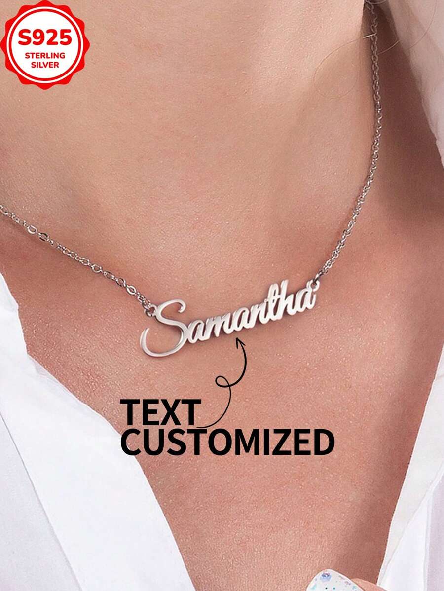 [Customized] 3g 925 Sterling Silver Personalized Text Engraved Minimalist Necklace, Versatile Pendant, Customized Engraved Necklace Gift For Valentine's Day, Christmas (Customized Text Must Be In English, Any Other Language Will Be Translated To English)