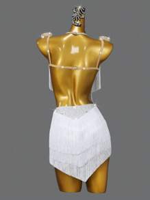 ABC Dancing 成人新款拉丁舞裙，体育比赛舞厅表演派对服装，性感流苏恰恰裙 - 白色 - 查看 5