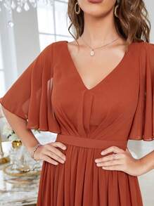 V-Neck Flare Short Sleeve Pleated Chiffon Bridesmaid Maxi Dress - Burnt Orange - View 6