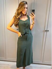 Elegant Women's Tailored Skirt And Vest Set - Army Green - View 4