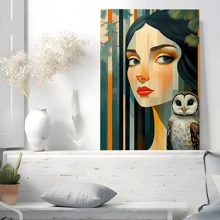 1pc Framed Canvas Poster, Forest - Themed Girl With Owl Companion Wall Art Canvas Paintings, Ideal Gift For Bedroom Living Room Corridor, Wall Art, Room Decoration