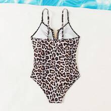 Tween Girl Leopard Print Spaghetti Strap One-Piece Swimsuit, Cute V-Neck Design - Khaki - View 2