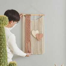 1 Pieza Colgante de Pared de Macramé, Decoración de Pared Estilo Bohemio, Tapiz Tejido a Mano con Flecos, Formas de Corazón y Hoja, Adecuado para Sala de Estar, Dormitorio, Oficina