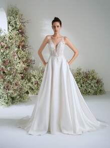 Elasola 婚纱白色深 V 领缎面华丽正式晚会舞会浪漫婚礼宾客礼服，优雅新娘婚纱 - 白色 - 查看 6