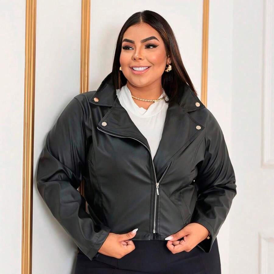 Women's Plus Size Leather Jacket Pixie Coat Blouse - Black - View 1