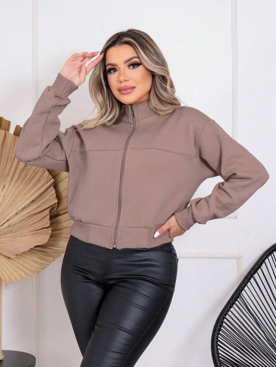 MONNEI Casual Single-Zip Cropped Sweatshirts - 摩卡棕 - 查看 1