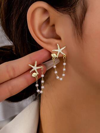 1 Pair Fashionable , Tassel, Shell & Faux Pearl Earrings, Suitable For Women For Party, Date, Daily Wear