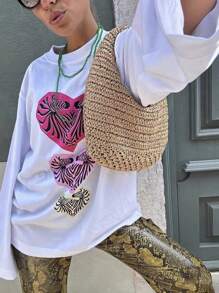 Sac à épaule mou fait main pour femme en kaki, sac cabas crescent tissé en raphia pour plage d'été