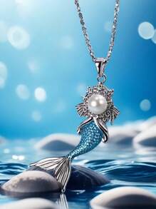1pc Elegant Zinc Alloy Mermaid Pendant Necklace With Stainless Steel Chain, Shimmering Princess Necklace, Suitable For Beach Vacation, Gift For Girlfriend, Daily Wear