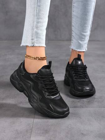 Women's Casual Sports Shoes, Spring & Autumn New Lace-Up Low-Top Leather & Mesh Contrast Breathable Lightweight Unisex Chunky Sneakers, Fashionable Chunky Sole Anti-Skid Wear-Resistant Casual Outdoor Walking Travel Leisure Couple Sneakers Midtop Leather Shoes, Waterproof Sporty Small White Shoes